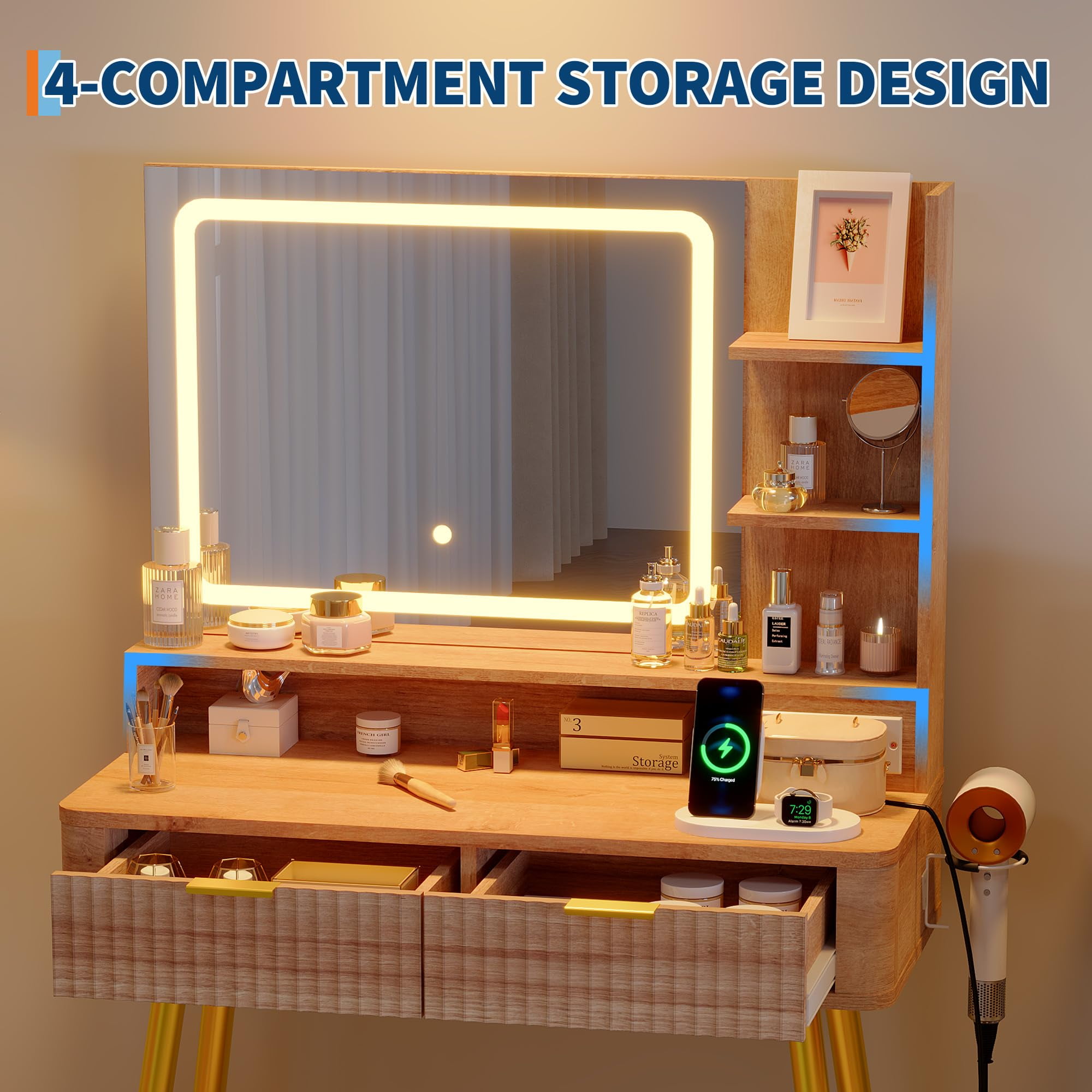 Fluted Vanity Desk with Mirror and Lights, 31 in Small Makeup Vanity Storage Cabinet & 2 Drawers, 3 Lighting Modes, Stylish Dressing Table for Bedroom