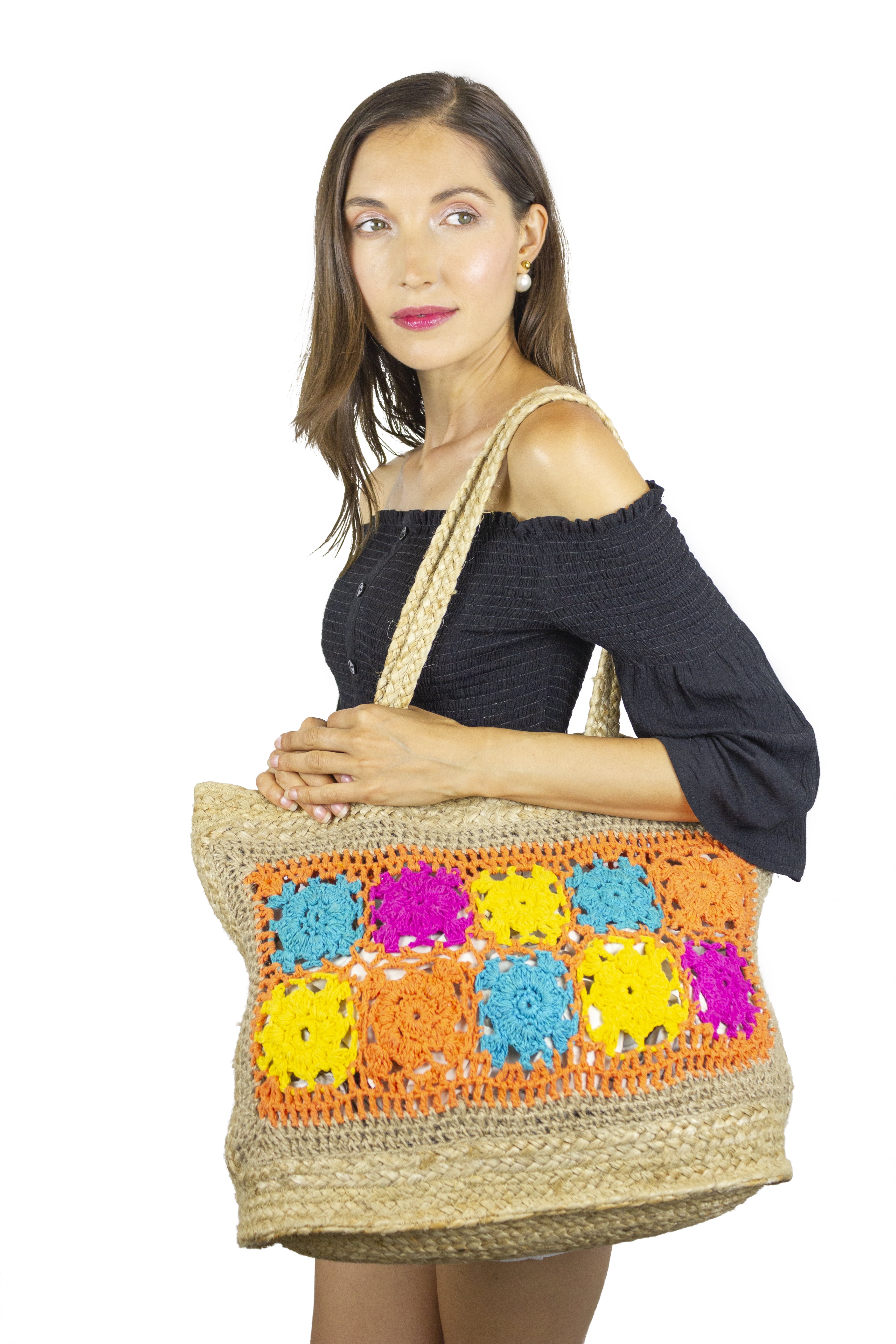 Handmade bag design bag hand knitted bag black bag patchwork bag crochet bag jute bag