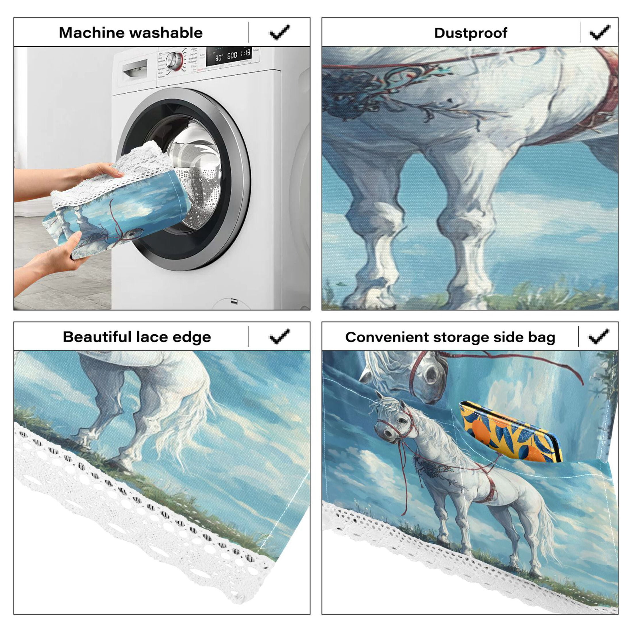 A White HorseWasher and Dryer Covers Dust-Proof and Oil Resistant Fridge Cover with 4 Storage Pockets Washing Machine Top Cover for Laundry Kitchen Home 51.2 x 22 In