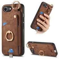 Allytechgroup Wallet Case for iPhone 16e, Support Car Mount, Luxury PU Leather Shockproof Anti-Fall 360° Finger Ring Stand Rotatable Kickstand Case with Magnetic Snap & Card Slots, Brown