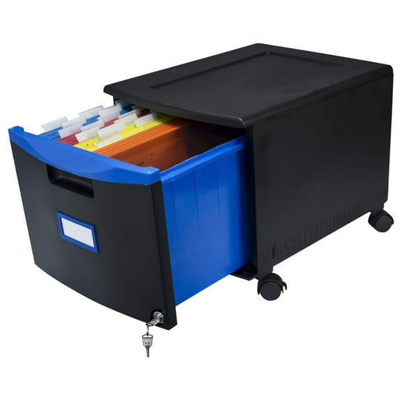 File Cabinet 1 Drawer, Black/Blue - Portable Locking File Cabinet for Home & Office, Legal/Letter Size, Stackable, Fully Assembled 1-Drawer