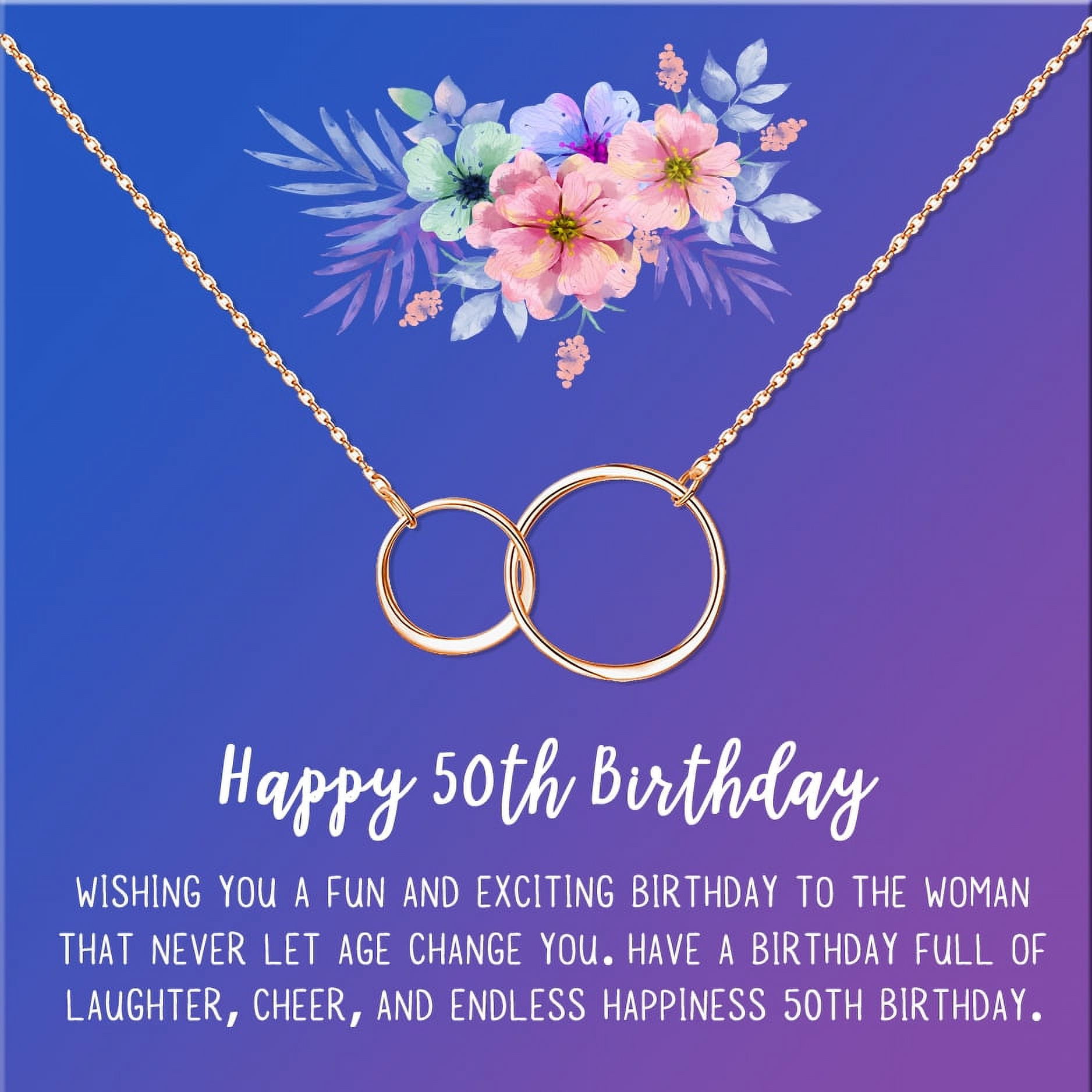 Anavia Happy 50st Birthday Gifts Stainless Steel Fashion Necklace Birthday Card Jewelry Gift for Her, Birthday Gift for Grandma-[Rose Gold Infinity Double Ring, Blue-Purple Gift Card]