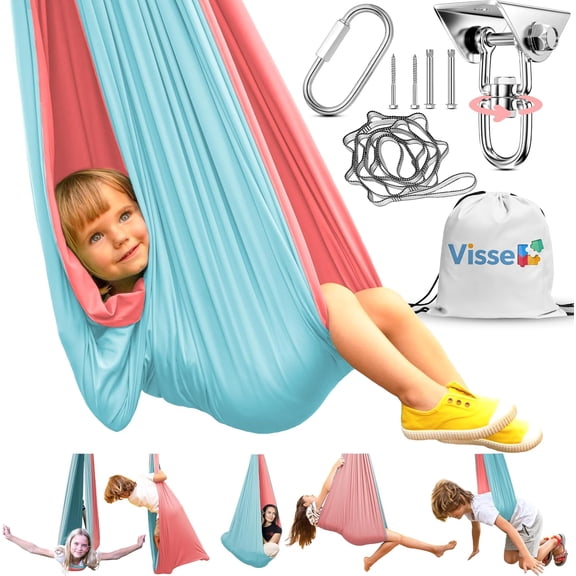 Sensory Cocoon Swing for Kids Indoor Outdoor Calming Hammock Holds 300 Lbs 360 Degree Swivel Hardware Pink Blue