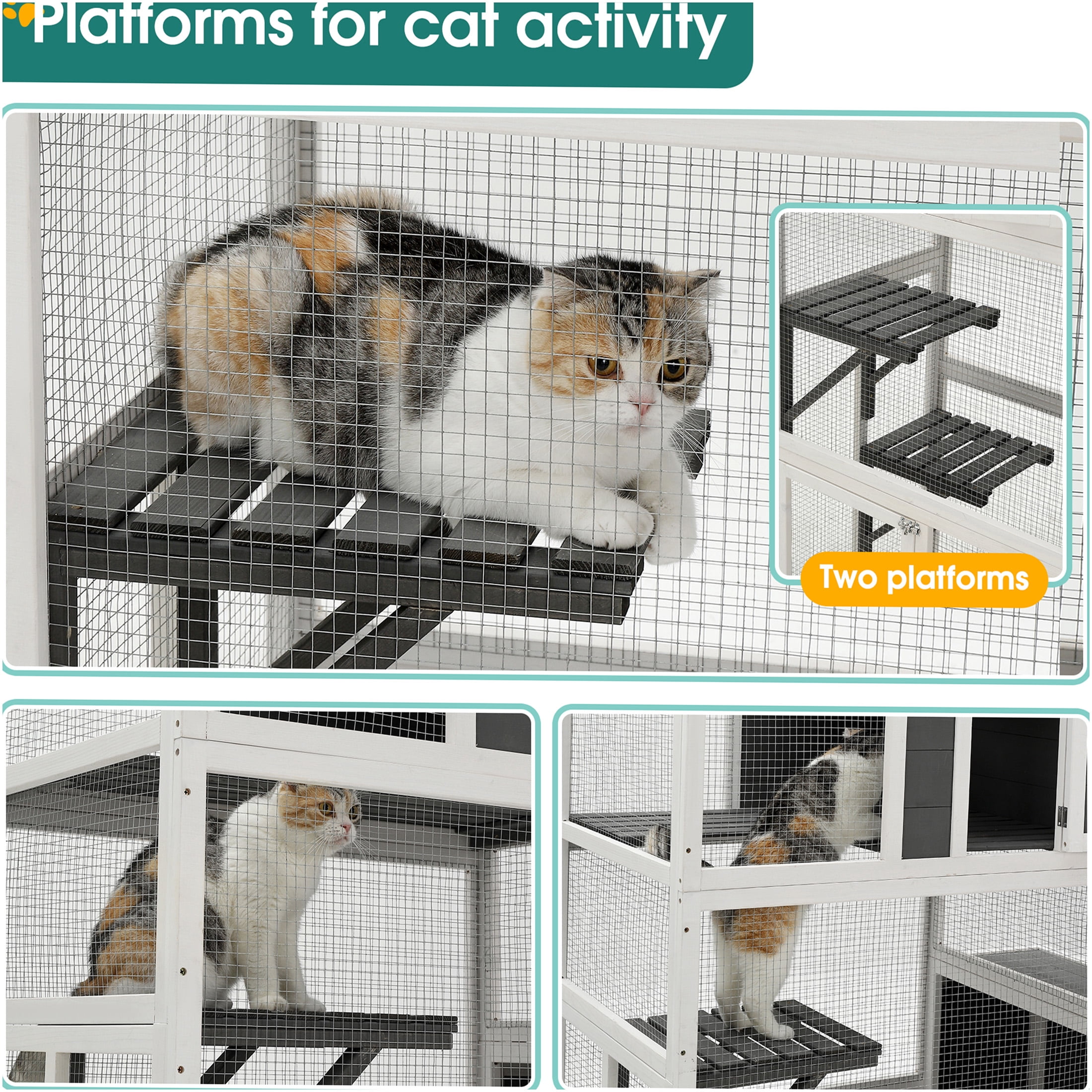 JERFIT 3-Tier Cat House with 4 Platforms & Jump Box, 71" Tall Indoor/Outdoor Wooden Kitty Condo Enclosure for Multiple Cats, Gray