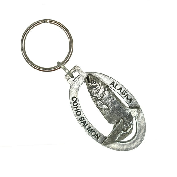 Alaska Coho Salmon Keychain, Leaping, Silver, Fish, Fishing, A602KC, Key Fob, Key Ring, Keys, Zipper Pull, Luggage Tag, Pewter, Backpack, Over 300 Keychains Designs, Handmade in the USA