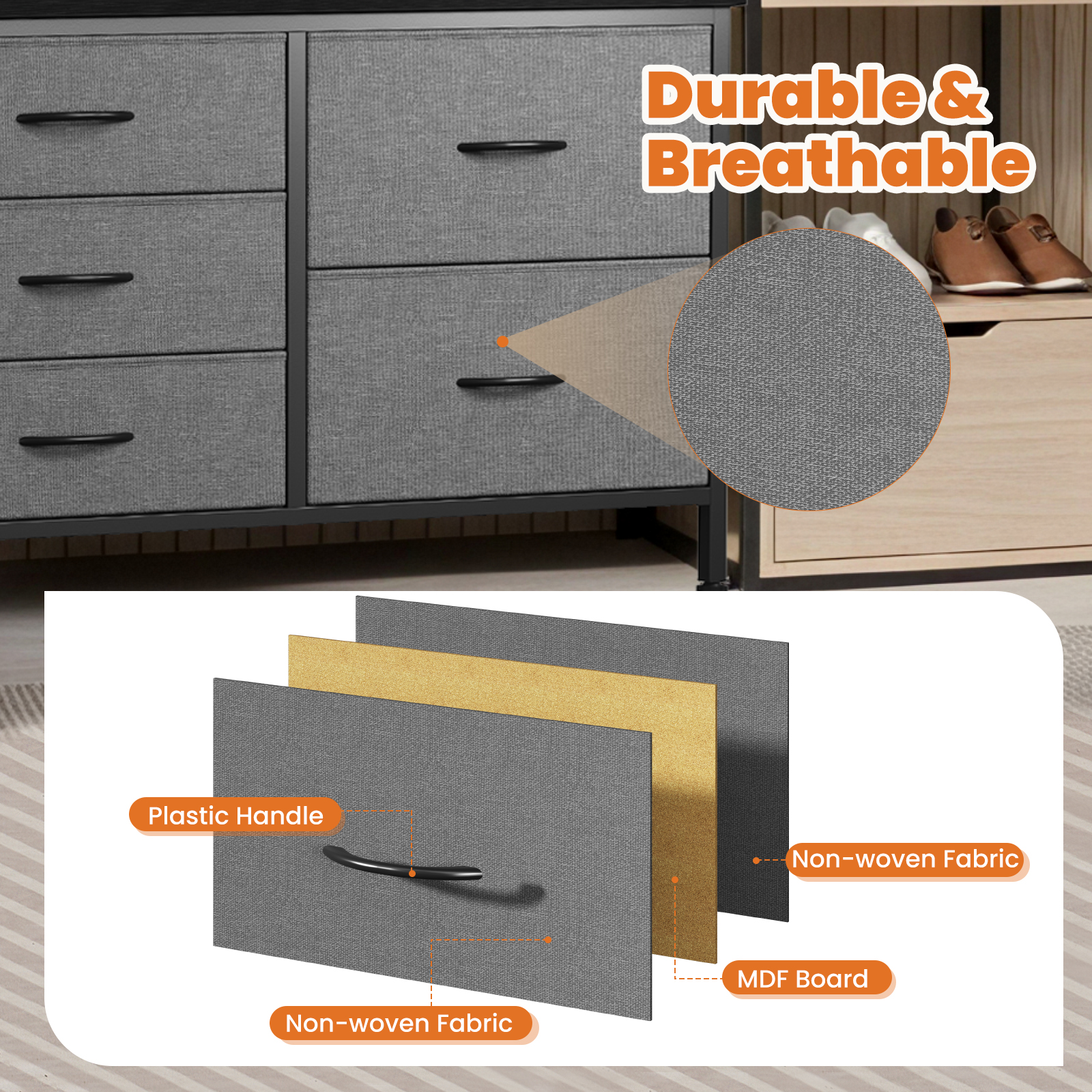 JIOABL 5-Drawer Dresser with Drawer Organizers for Bedroom, Living Room, or Closet, Gray