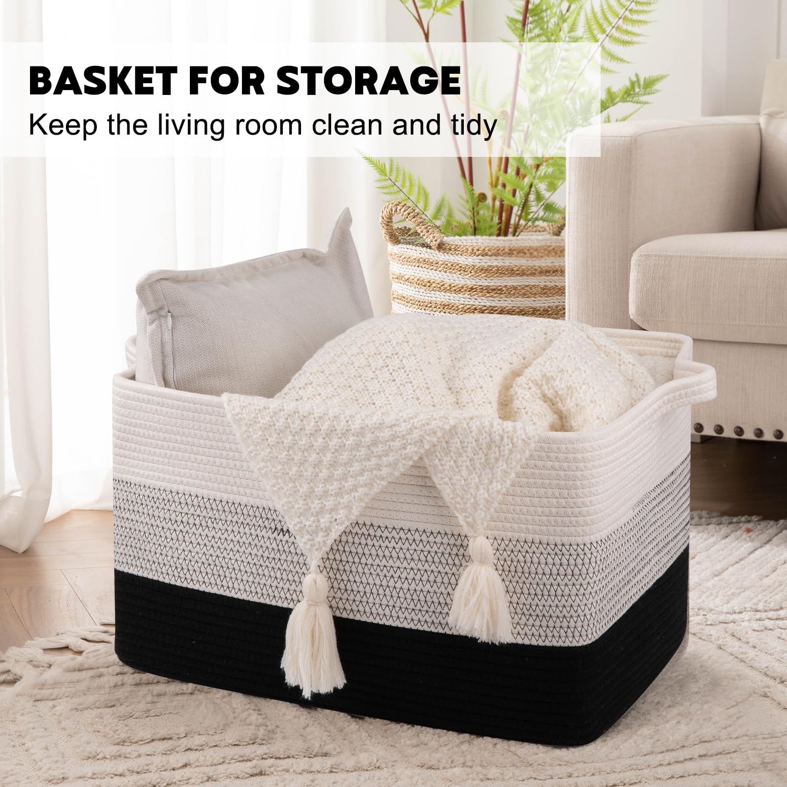 Extra Large Blanket Basket, 95L Woven Storage Basket, Cotton Rope Toy Bin for Baby Room, Container for Storage in Living Room, 24''×17''×14'', Black & White