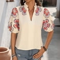 thumbnail image 2 of ClodeEU Women's Floral Print Puff Sleeve V Neck Stand Collar Blouse Top,Casual Fashion Summer Top Beige,Womens Plus M, 2 of 7
