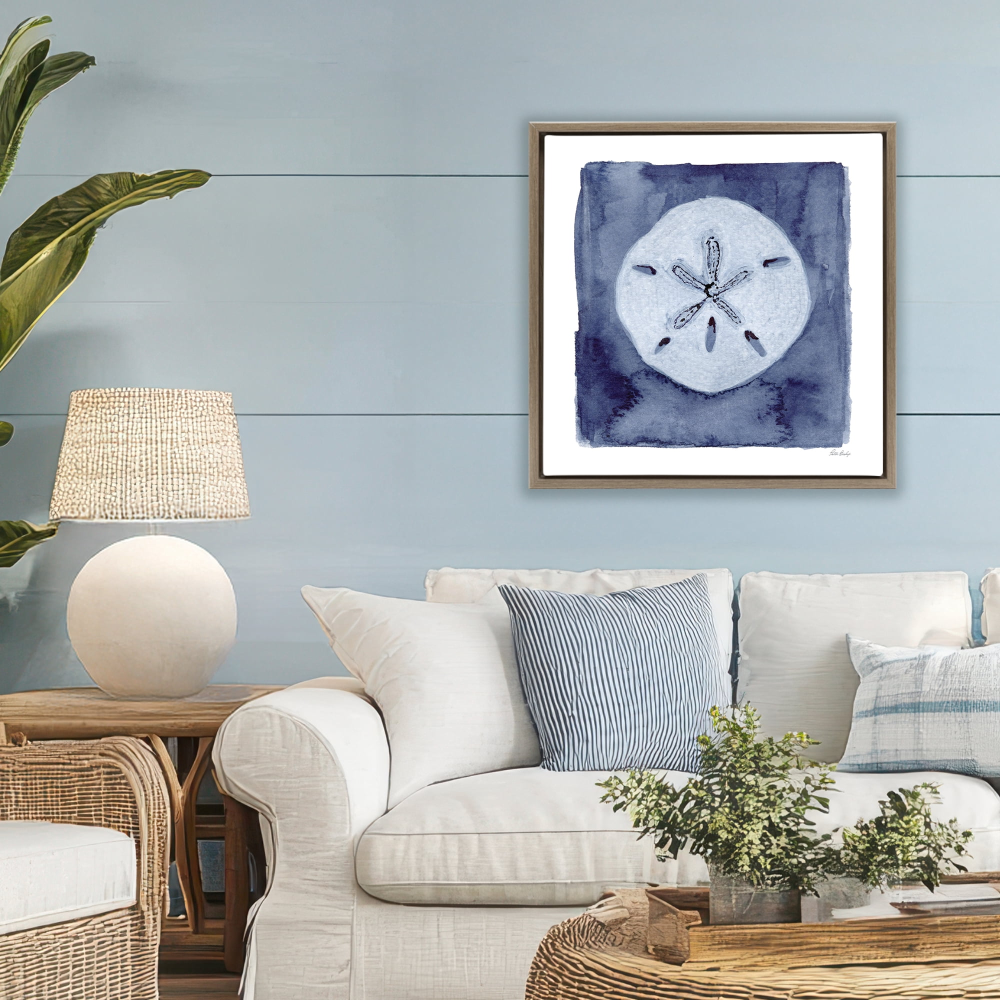 Stupell Industries White Sand Dollar on Indigo Brown Framed Floater Canvas Wall Art, design by Patti Bishop