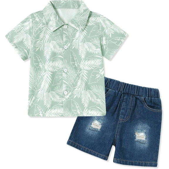 CARETOO Toddler Baby Boy Clothes Summer Beach Outfits Hawaiian Short Sleeve Button Down Shirts Denim Shorts Casual Set Size 3T-4T