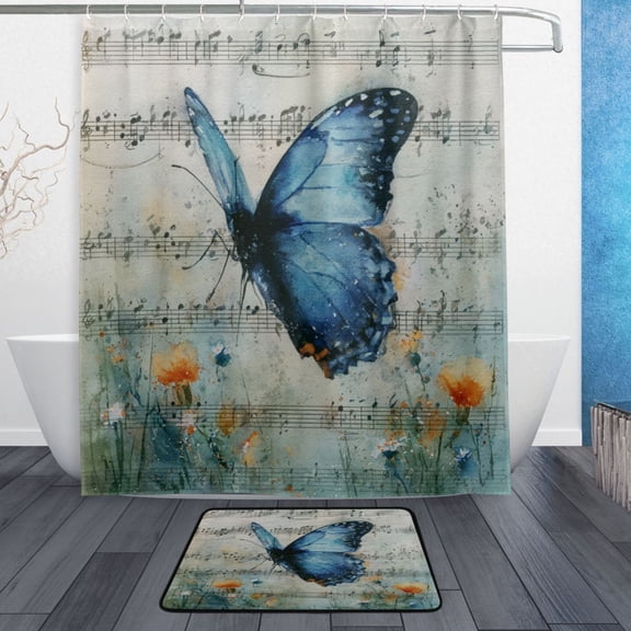 TTYFWHD 60" x 72" Shower Curtain and Bath Mat Set Rhapsodies and Butterfly Waterproof Bathroom Curtain with 12 Hooks, Bathroom Decor Set