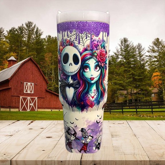 Star Mug Sally And Jack Skellington 40Oz Tumbler With Handle, Gothic Couple Stainless Steel Cup - Tumbler With Handle, To-Go Coffee Mug