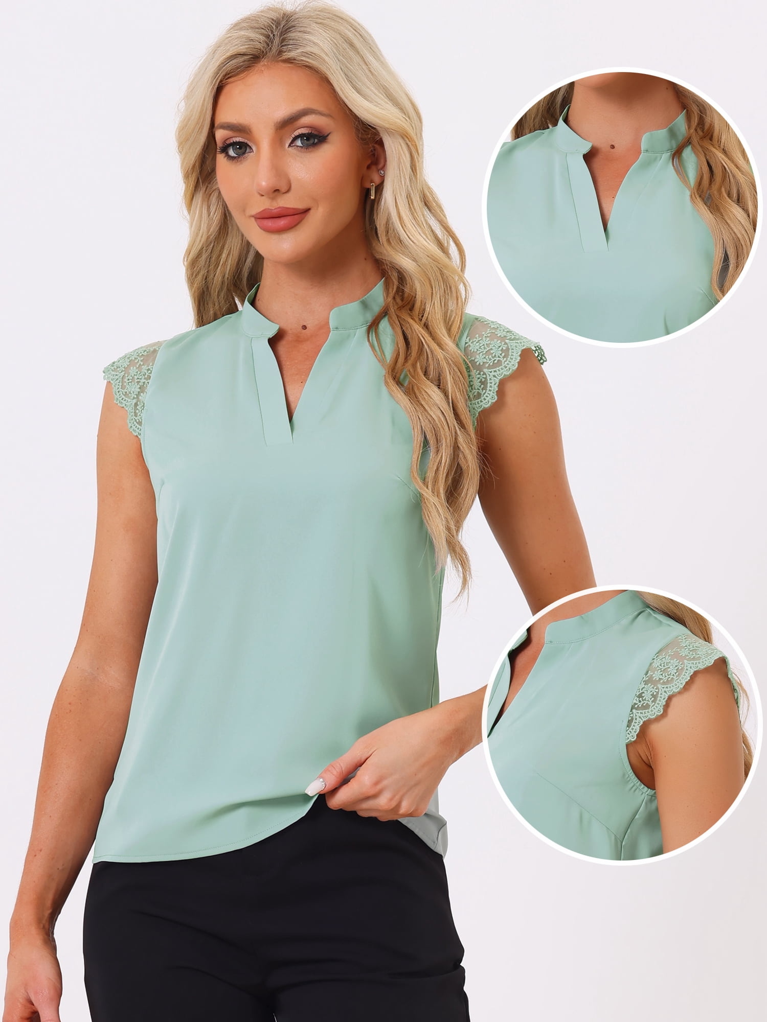 DARING DIVA Women's V Neck Sleeveless Basic Blouse Top S Pea Green