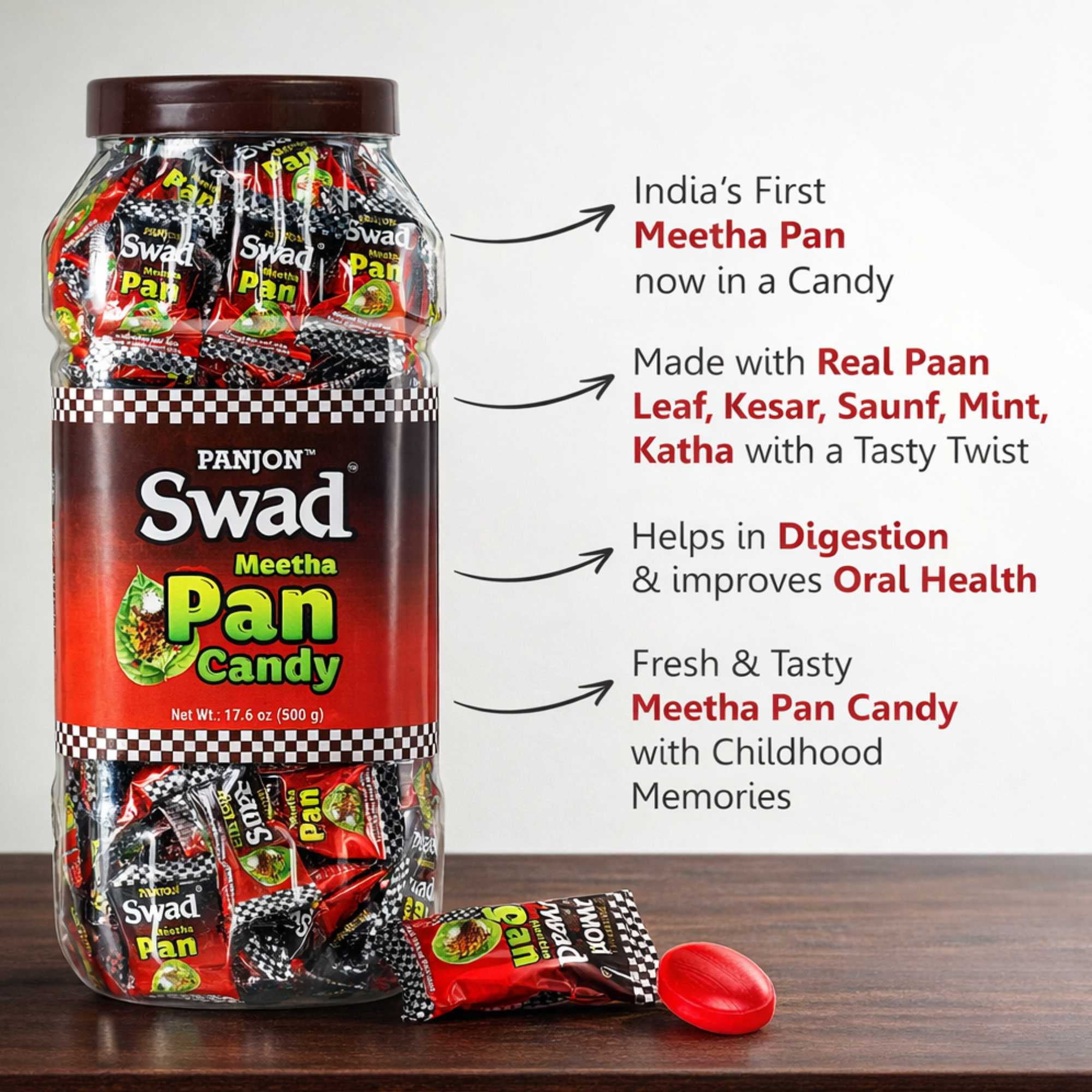 Panjon Swad Meetha Paan Candy 500g Jar – Sweet Paan Flavor Hard Candy | Refreshing Treat