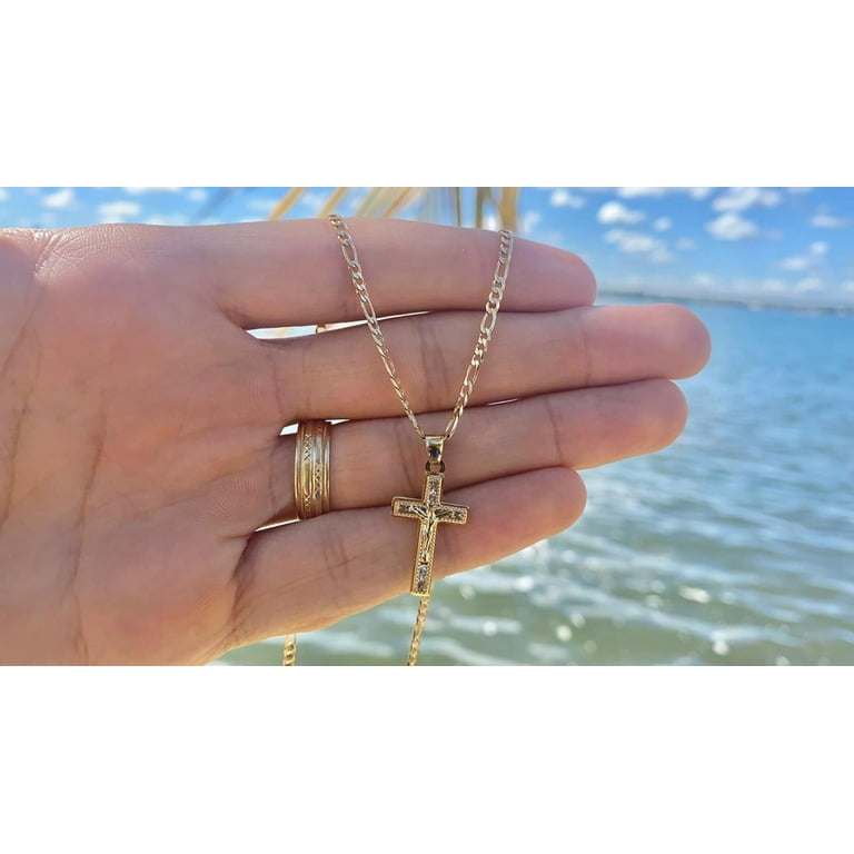 ★COURONNE★ Bellini G Bella Cross 22_RXBRX23114NAX CZ Cross Charm Necklace Figaro Chain 14K Gold Filled