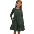 thumbnail image 3 of BiZtdJrK Girls Ribbed Long Sleeve Dress Solid Casual Crewneck A-line Tiered Pullover Midi Dress with Pockets Clothes for Teens, Army Green, 5 Years, 3 of 10