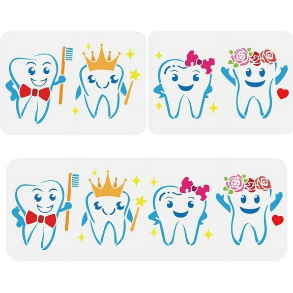 2 Pcs Tooth Stencil Template 8.3x11.7 inch Brushing Teeth Painting Stencil Plastic Tooth with Bow Flower Crown Stencil Reusable DIY Art and Craft Stencils