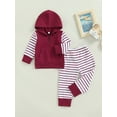 thumbnail image 2 of Franhais Kid Boy Pants Suit, Long Sleeve Hooded Neck Front Pocket Zipper Tops + Drawstring Striped Pants, 2 of 9
