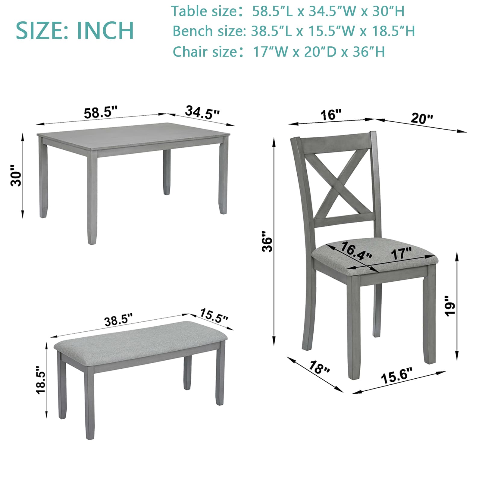 MAYEERTY 6-Piece Kitchen Dining Set Gray Rectangular Wooden Table 4 Upholstered Chairs Bench for 6 People