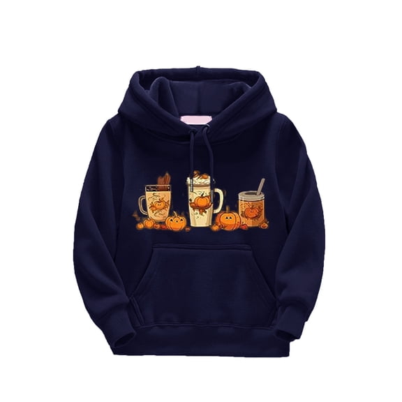 Generic 2024 New Children's Classic Fit Hoodies Boys/Girls Sweater Autumn and Winter Cute Cartoon Pumpkin Beverage Print Long Sleeve Hooded Sweater Party Birthday Halloween(13-14 Years,Dark Blue)