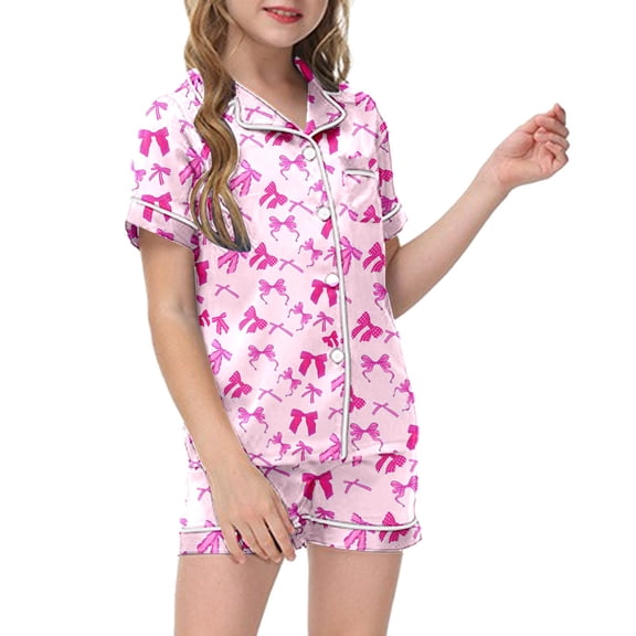 shqvo Girls Bow Pajamas Set,Children Printed Short Sleeve Shorts 2 Piece Pajama Set Leisure Pjs Cute Preppy Clothes Button Down Short Sleepwear Pjs Sets for Kids Sizes 4-12