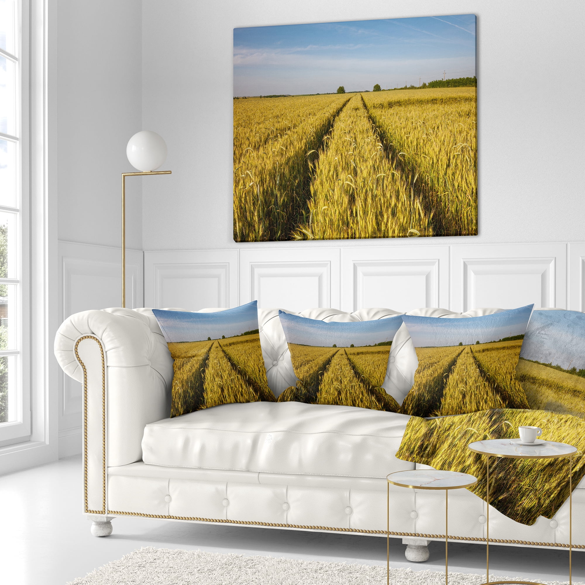 Designart Rural Road through Wheat Field - Landscape Printed Throw Pillow - 16x16