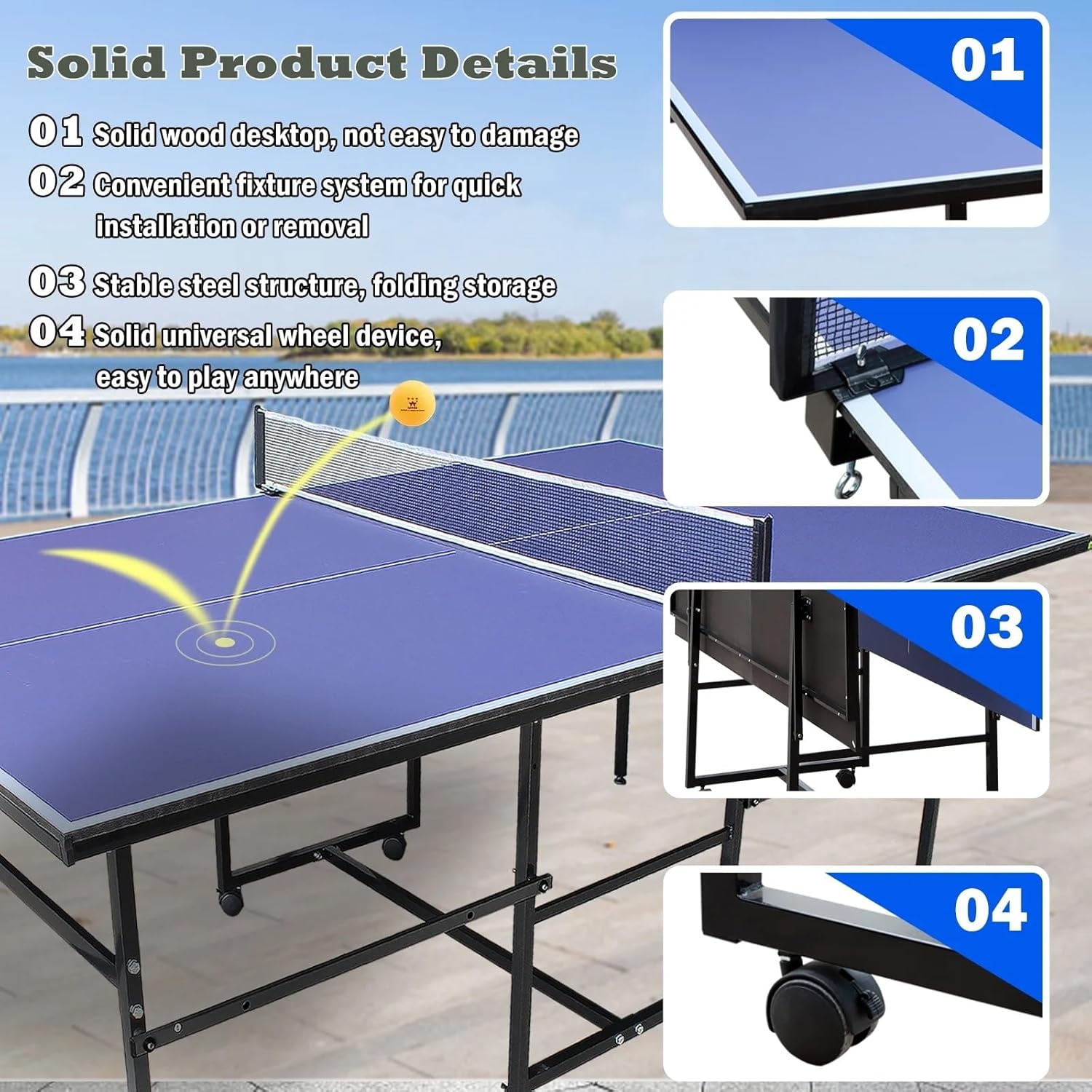 HooKung 9ft Mid-Size Table Tennis Table, Foldable Ping Pong Table sets, 0.5'' Thick for Indoor with Net, 2 Table Tennis Paddles and 3 Balls