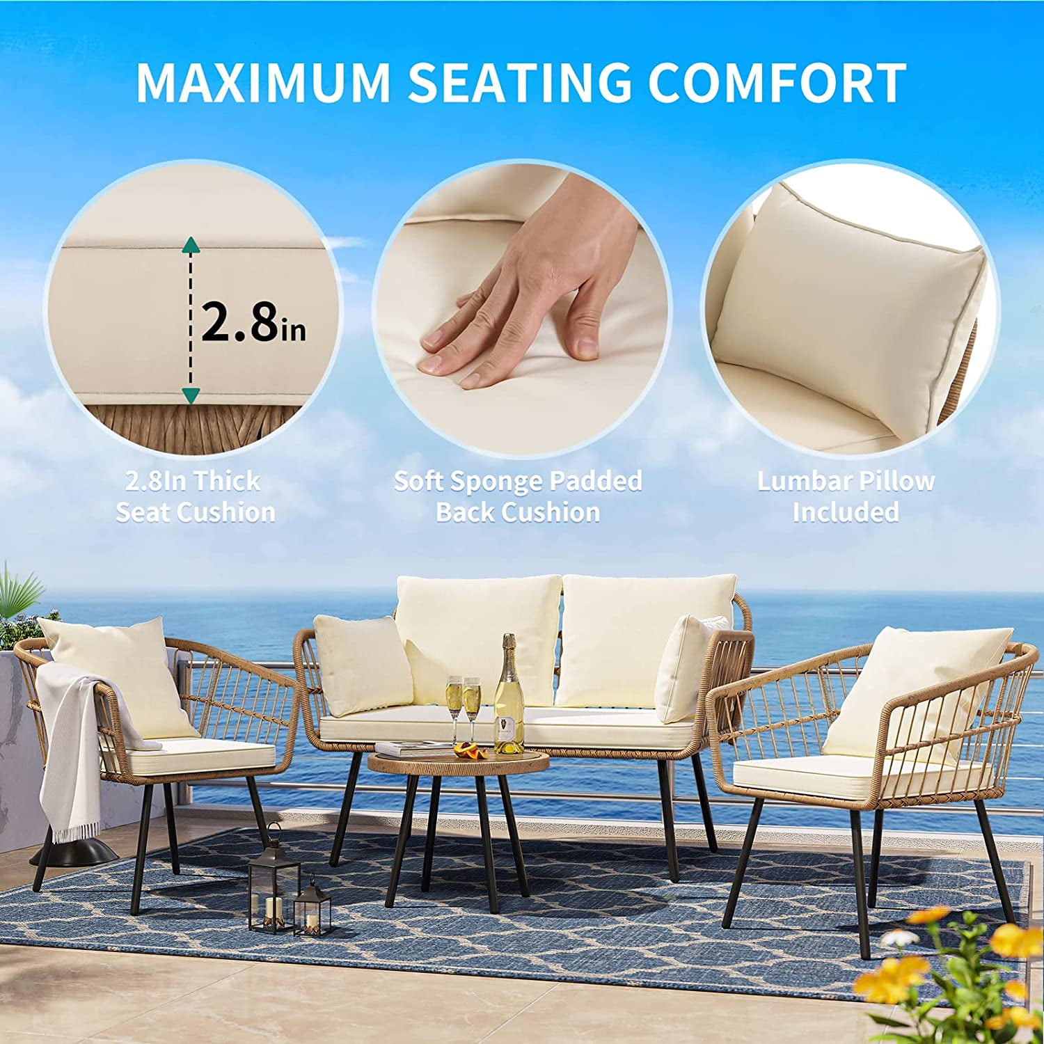 DEXTRUS Outdoor Patio Furniture Set 4 Pieces PE Rattan Wicker Sofa Set w/ Dining Table for Backyard, Pool, Deck, Garden - Beige
