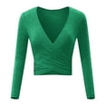 thumbnail image 3 of Besolor Women's V Neck Cropped Tops Trendy Cross Long Sleeve Solid Color Stretch Slim Fit Basic Blouse T-Shirts, 3 of 4