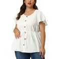 thumbnail image 1 of Women's Plus Size Blouse Round Neck Button Decor Drawstring Elastic Back Bell Sleeve Summer Tops White 2X, 1 of 7