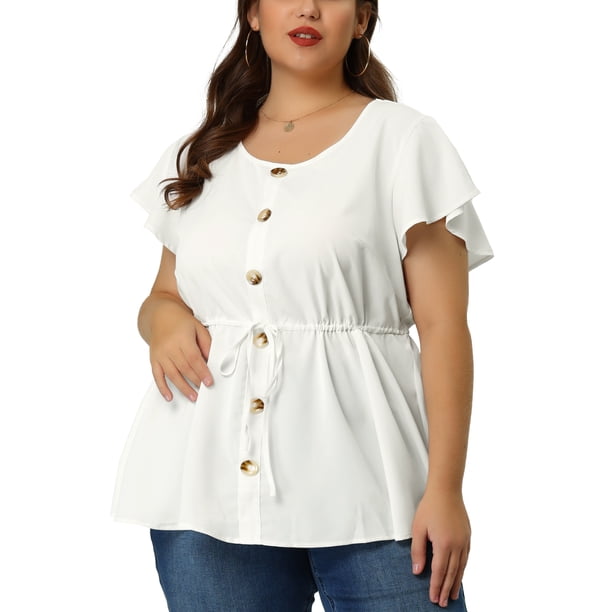 Women's Plus Size Blouse Round Neck Button Decor Drawstring Elastic Back Bell Sleeve Summer Tops White 2X