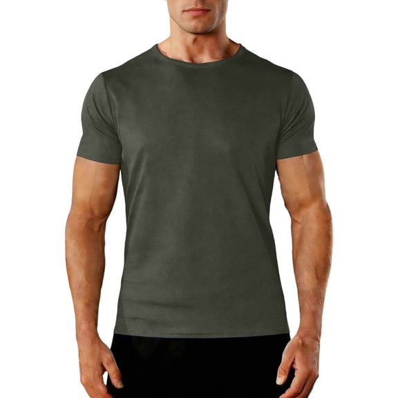 FAWUUDO Men's Workout Tops Summer Round Neck Short Sleeved Workout Shirts Solid Color Training Top Olive Green
