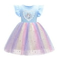 thumbnail image 3 of Vestido de niña de verano de punto fino con unicornio, vestido infantil con mangas voladoras, vestido de princesa de malla arcoíris, 3 of 5