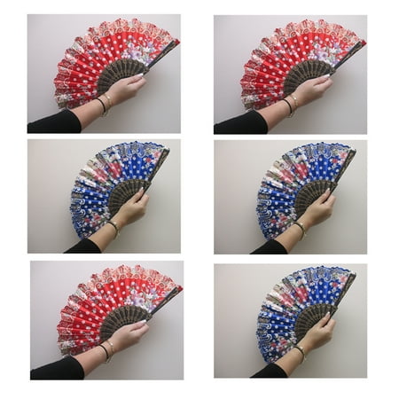 Folding Hand Fan - 6 Pc Chinese Spanish Style Hand Held Fan Lace Folding Dance Party Fan Wedding