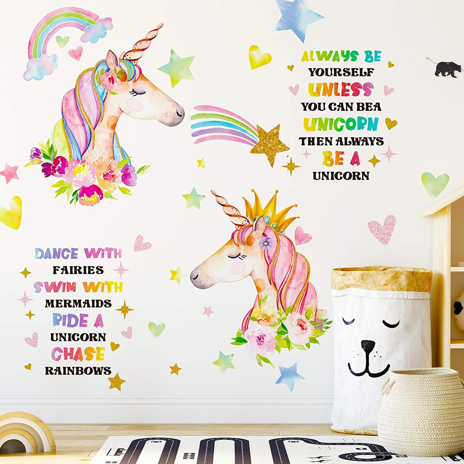 3 Sheets Unicorn Wall Decor, Removable Unicorn Rainbow Wall Decal Stickers for Girls Kids