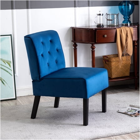 JERFIT Modern Velvet Accent Chairs Set of 2, Armless Button Tufted Lounge Chairs for Living Room, Mid-Century Dark Blue Upholstered Chair with Wood Legs