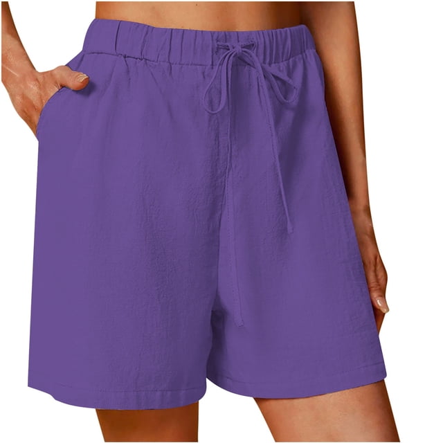 Plebaso Shorts pour Femmes en Coton et Lin, Shorts Décontractés à Jambes Larges, Shorts d'Été Légers P-5TG avec Cordon