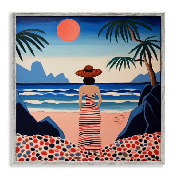 Stupell Industries Coastal Patterned Woman on Beach Gray Framed Giclee Art, 17 x 17, by Lazar Studio