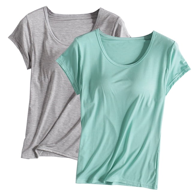 T-Shirt à Manches Courtes pour Femmes Soldes Chemises de Mélange 2 Pcs avec Soutien-Gorge Tunique Rembourrée Manches Courtes Col Rond Confortable Athlétique