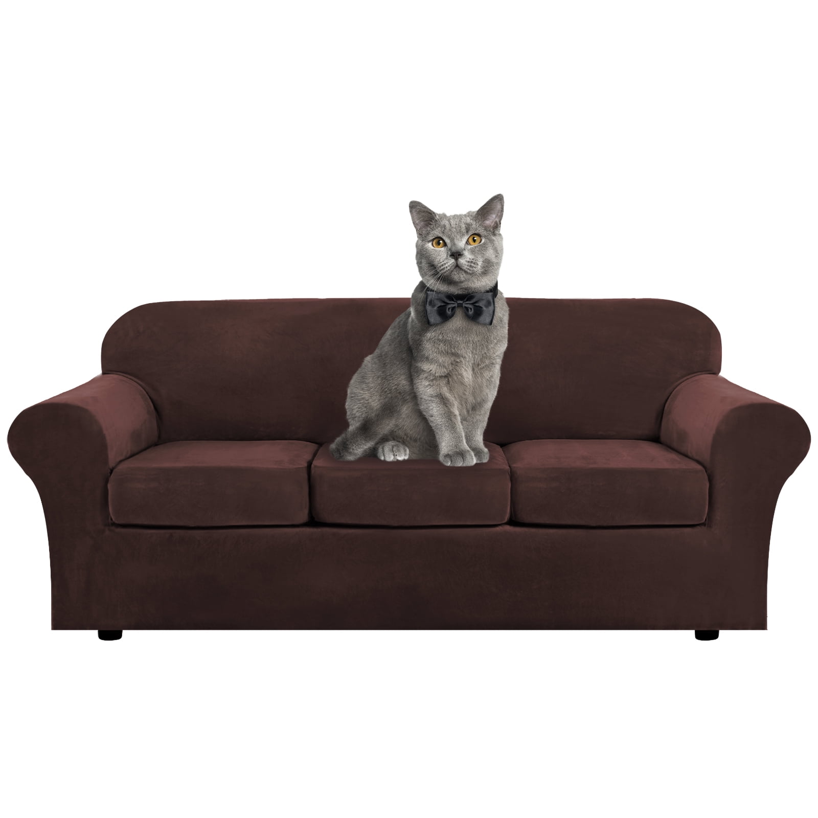 Topchances Stretch Non-Slip 4-Piece Polyester Velvet Sofa Slipcovers, Brown