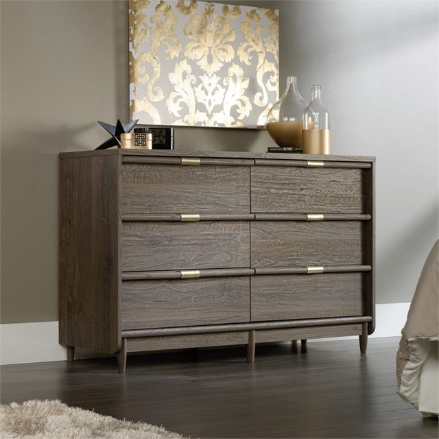 Sauder International Lux Commode 6 Tiroirs en Chêne Fossile