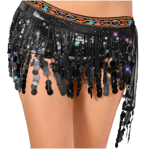FAWUUDO Women Belly Dance Skirt Tassel Fringe Skirts Sparkly Sequin Hip Scarf Party