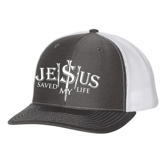 Christian Jesus Saved My Life 3 Nails Mens Embroidered Mesh Back Trucker Hat, Charcoal/White