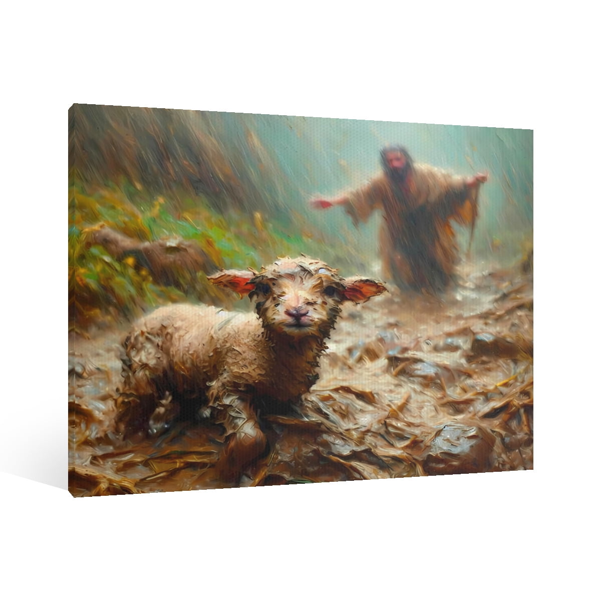 Vintage Jesus Saves Little Lamb Canvas Wall Art Paint Framed Jesus Pictures Canvas Print Posters Wall Decor Christian Christmas Wall Art Home Decor for Living & Prayer Room Wall Decor Framed