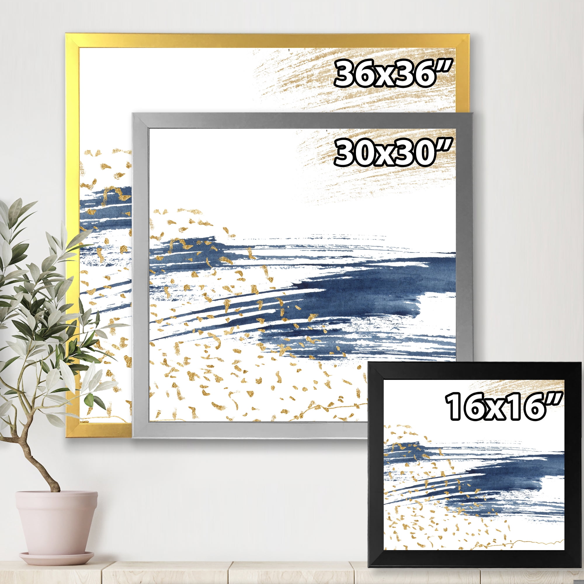 Designart 'Gold and Dark Blue and Abstract I' Modern Framed Art Print