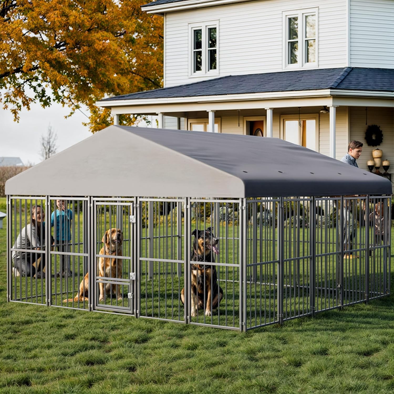 SnugVista 10x10FT Dog Kennel Outdoor, Heavy Duty Large Dog Cage with Gray Roof, Escape-Proof Double Locks & Swivel Feeding Door, Galvanized Metal Dog Run Enclosure for Outside House