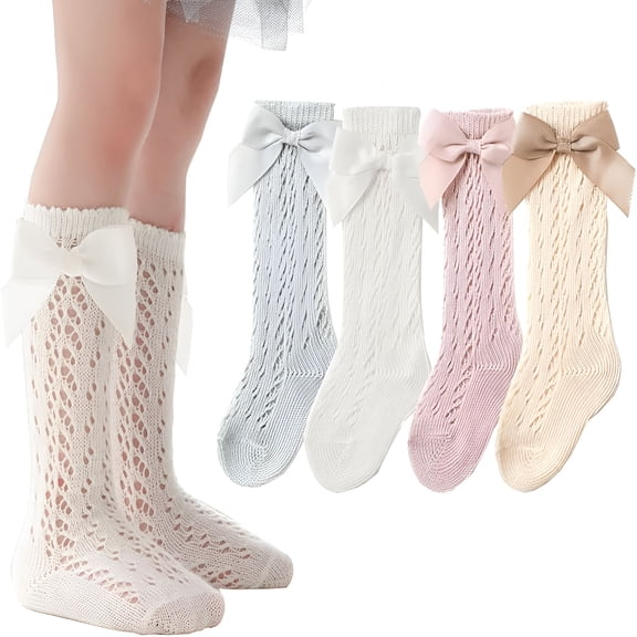TELOLY Toddler Baby Girls Knee High Stocking Cotton Socks 0-7Years Solid Color Bowknot Thin Spring Summer