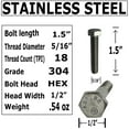thumbnail image 2 of 3/8" -16 x 1.5". 304-STAINLESS STEEL - 18-8 HEX HEAD BOLT - 304 Grade. General Purpose - Hurricane Bolt 100, 2 of 4