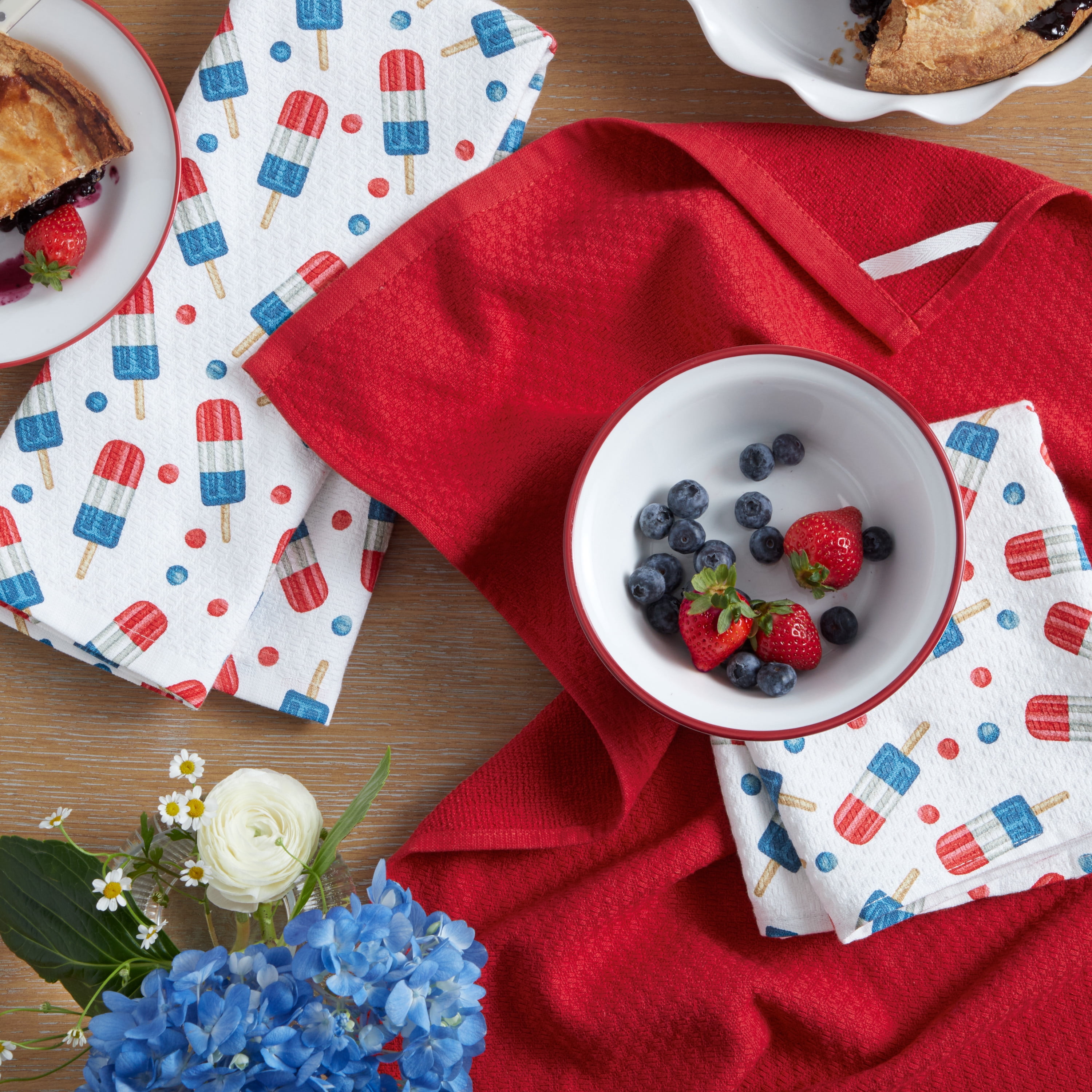 MARTHA STEWART Americana Stripesicle Ice Pop Holiday Kitchen Towels 3-Pack Set, 100% Cotton, Absorbent, Patriotic USA America Decor, Red/White/Blue, 16"x28"
