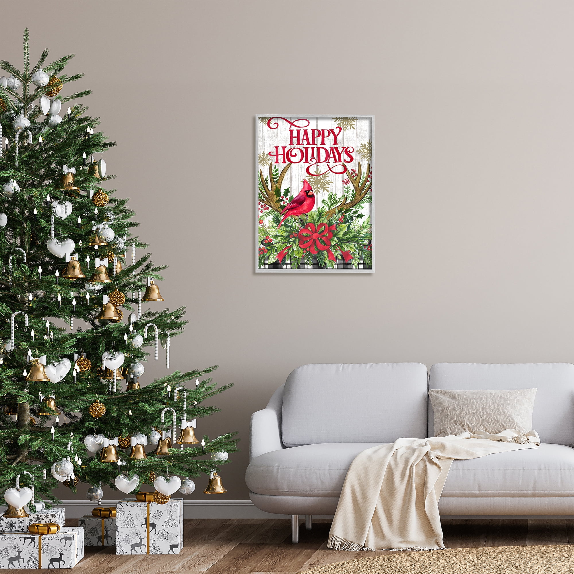 Stupell Industries Happy Holidays Cardinal Holiday Painting Gray Framed Art Print Wall Art, 24 x 30